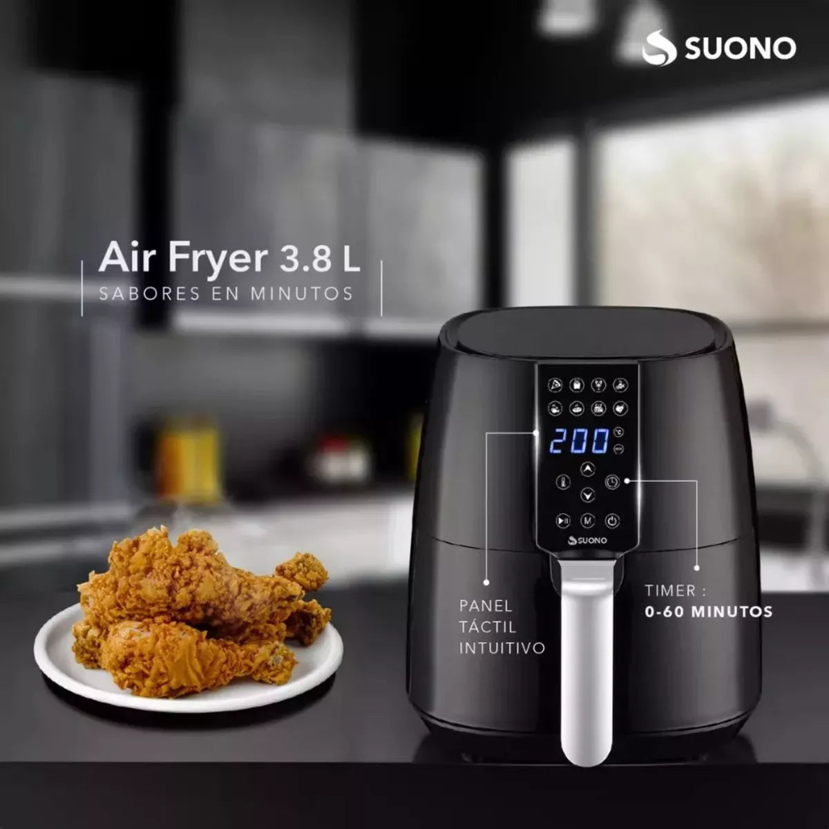 Freidora De Aire Suono Air Fryer Led Digital 1450 W 3.8 L Color Negro