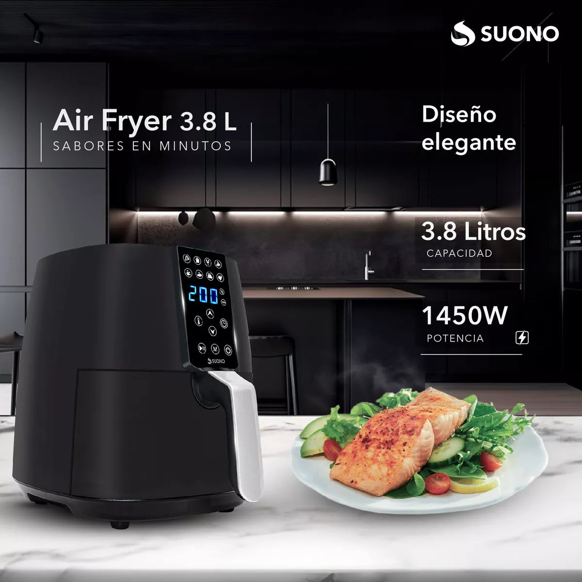 Freidora De Aire Suono Air Fryer Led Digital 1450 W 3.8 L Color Negro